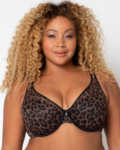 Load image into Gallery viewer, Curvy Couture Plunge Moulded Sheer Mesh T-Shirt Bra (Black + Leopard)