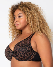 Load image into Gallery viewer, Curvy Couture Plunge Moulded Sheer Mesh T-Shirt Bra (Black + Leopard)