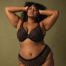 Load image into Gallery viewer, Curvy Couture Plunge Moulded Sheer Mesh T-Shirt Bra (Black + Leopard)