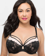 Load image into Gallery viewer, Curvy Couture Tulip Strappy Black + Rose Lace Push Up Underwire Bra
