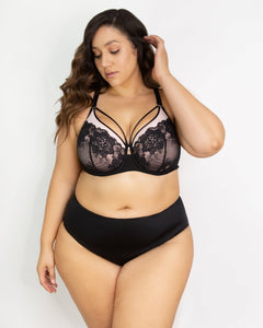Curvy Couture Tulip Strappy Black + Rose Lace Push Up Underwire Bra