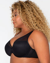 Load image into Gallery viewer, Curvy Couture Black + Leopard Plunge Moulded Sheer Mesh T-Shirt Bra
