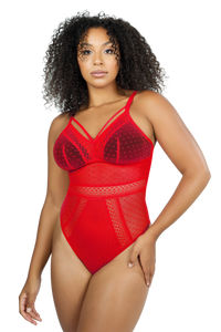 Parfait Mia Dot Strappy Wireless Padded Thong Bodysuit (Black + Bright Pink + Racing Red)