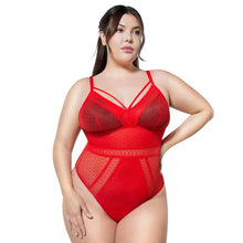 Load image into Gallery viewer, Parfait Mia Dot Strappy Wireless Padded Thong Bodysuit (Black + Racing Red)
