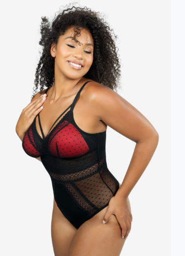 Parfait Mia Dot Strappy Wireless Padded Thong Bodysuit (Black + Bright Pink + Racing Red)